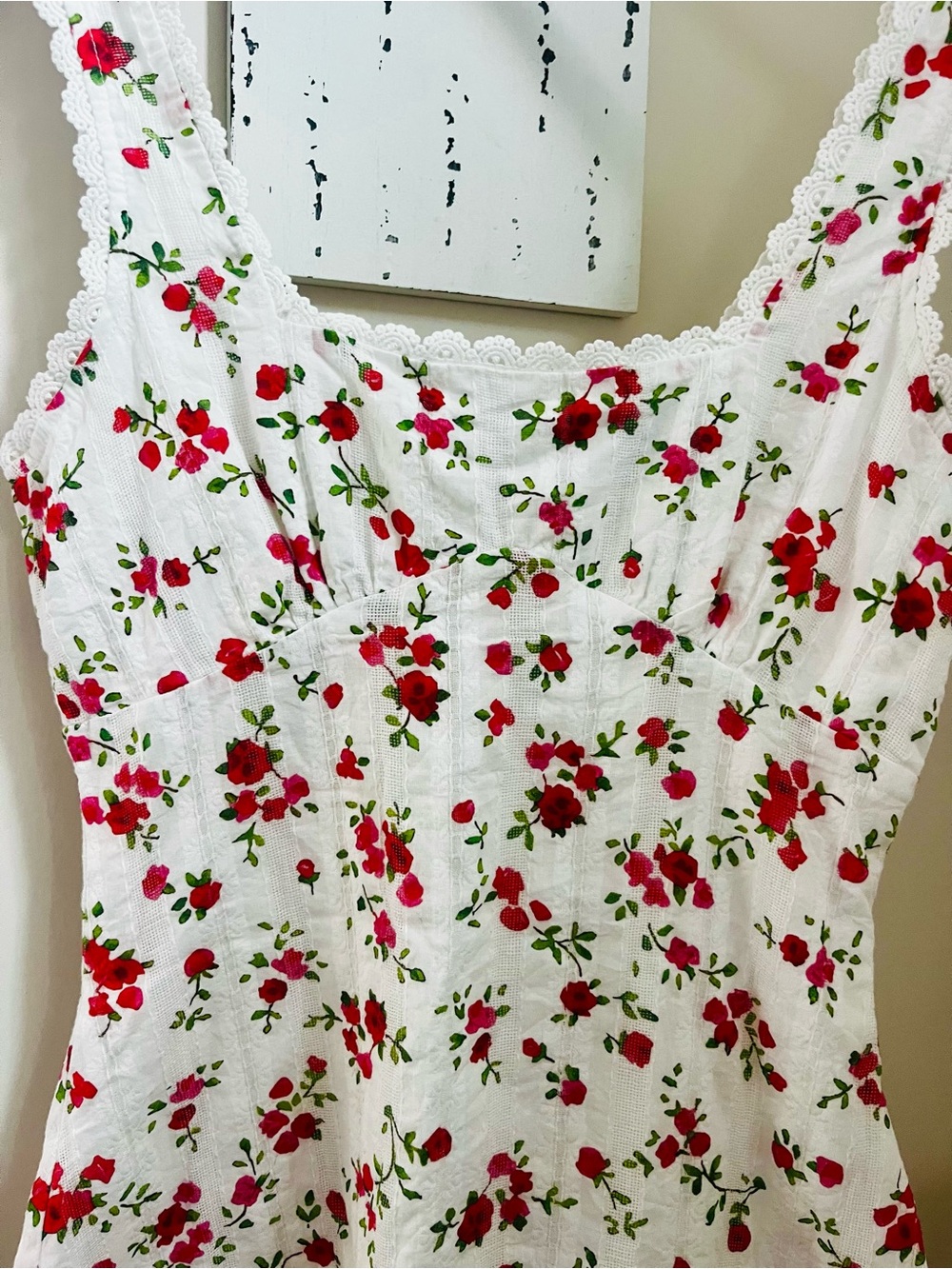 Princess Polly Dasha Sleeveless White Floral Mini Dress with Red Roses; Size 4 - Picture 3 of 7